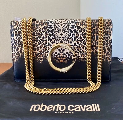 Roberto Cavalli C Crystal Flap black tan leopard print chainlin handbag  - Image 1 of 4
