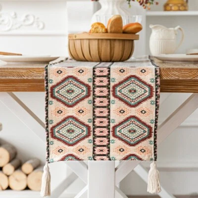 Ethnic Vintage Jacquard Table Runner TV Cabinet Coffee Table Cloth Fringe Decors - Image 1 of 4