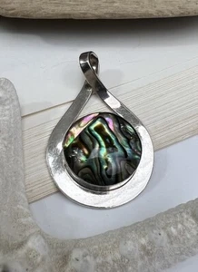 Vintage Sterling Silver 925 Mother Of Pearl Abalone Shell Pendant Jewelry 💜 - Picture 1 of 13