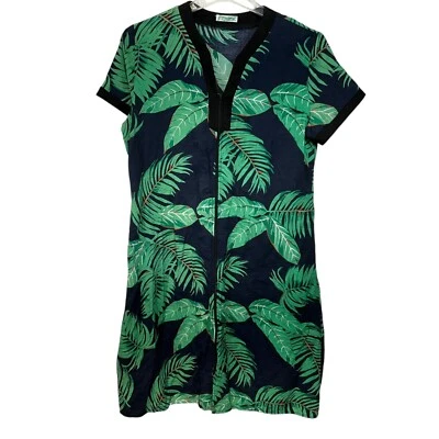 L Women Ekouaer Zip Front Lounge Wear House Coat Dress blue green palm leaf - Image 1 of 4