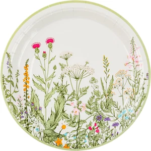 Wildflower Party Plates 9" Floral Paper Plates Botanical Green Leaves Herbs Disp - Picture 1 of 8