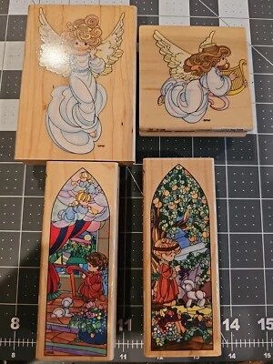 Lot Of 4 Stampendous Precious Moments Angel Chapel Harp Flute Rubber Stamp - Image 1 of 4