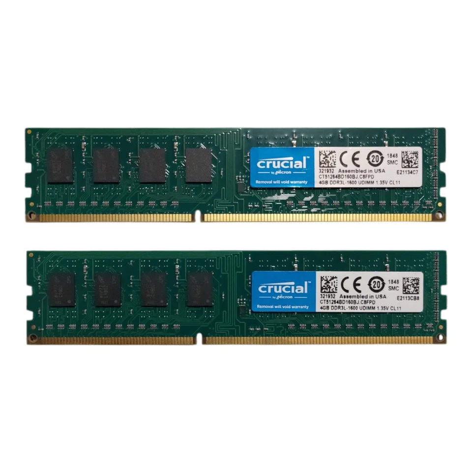 8GB Pair | 2x 4GB RAM PC3L-12800 DDR3L-1600 1Rx8 UDIMM CT51264BD160BJ.C8FPD - Image 1 of 1