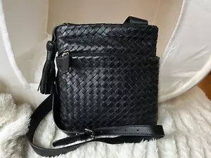 Bandolera SERA Viaje Negro Tejido Cuero Suave Bolso Suave Hecho en Italia LUX - Imagen 1 de 12