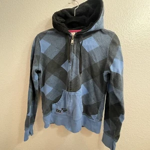 Roxy Warm Lined Hood Full Zip Sweatshirt Hoodie Girls L Blue/black Plaid - Picture 1 of 7