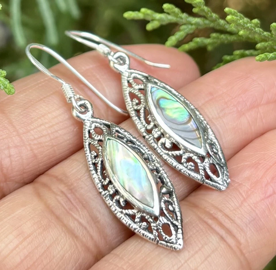 925 Sterling Silver + Mother of Pearl Handmade Oxidized Cutwork Earrings 3.26 gm - Image 1 of 4