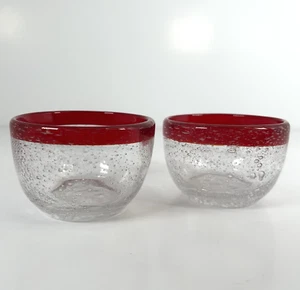 Hadeland Glassverk Norway Handblown Bowls Bubble Glass Votive Red Rim Set of 2 - Foto 1 di 8