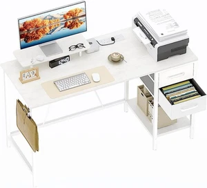 Computer Desk with Drawers & Power Outlets, 100 cm Office Desk with Storage Moni - Picture 1 of 9