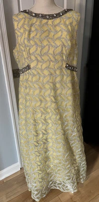 VTG Erlebacher Beaded Ball Gown Dress Sleeveless Yellow Silver Jackie Kennedy L - Image 1 of 4