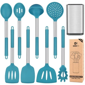 Silicone Cooking Utensil Set, 8Pcs Non-stick Cookware with Stainless Steel Ha... - Picture 1 of 8