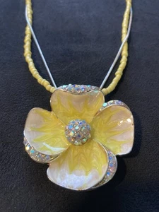 Yellow Bead & Chain Necklace with White & Yellow Flower Rhinestones Pendant - Picture 1 of 11