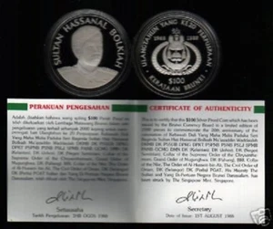BRUNEI 100 Ringgit KM-30 1988 SILVER PROOF 20 Anniversary SULTAN CORONATION COIN - Picture 1 of 1