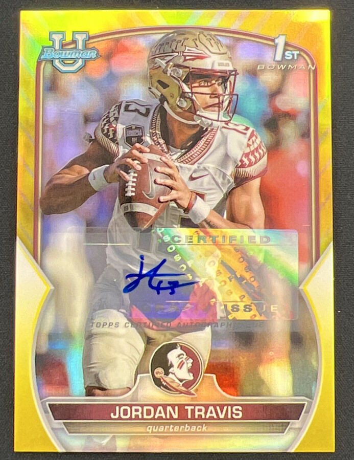 2022-23 BOWMAN UNIVERSITY CHROME JORDAN TRAVIS YELLOW REFRACTOR AUTO 19/75