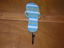 Gently Used Turquoise & White Striped w Yellow Painted Wood Flip Flop Wall Hook