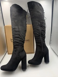 Botas BOOHOO nuevas con cordones negras sobre la rodilla. Tacón bloque. Talla 3 EU36 - Imagen 1 de 17