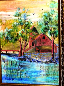 Original Ornate Frame Bluebonnet Pond Barn Fence Frame Oil Cnv Painting Vintge - Picture 1 of 11