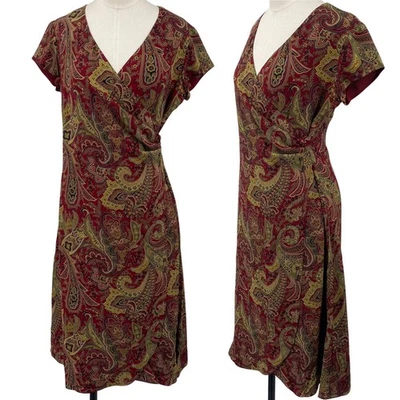 Vintage 90s Ralph Lauren Silk Paisley Knee Length Dress Faux Wrap Red Green S - Image 1 of 4