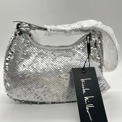 Nicole Miller Purse Womens Silver Sequin Small Hobo Leather Hand Bag Purse NEW - Image 1 of 4