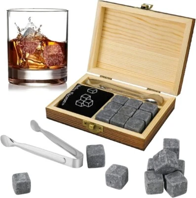 On the Rocks Granite Whiskey Stones 9pcs with Wooden Gift Box Ice Cubes Reusable - Image 1 of 4