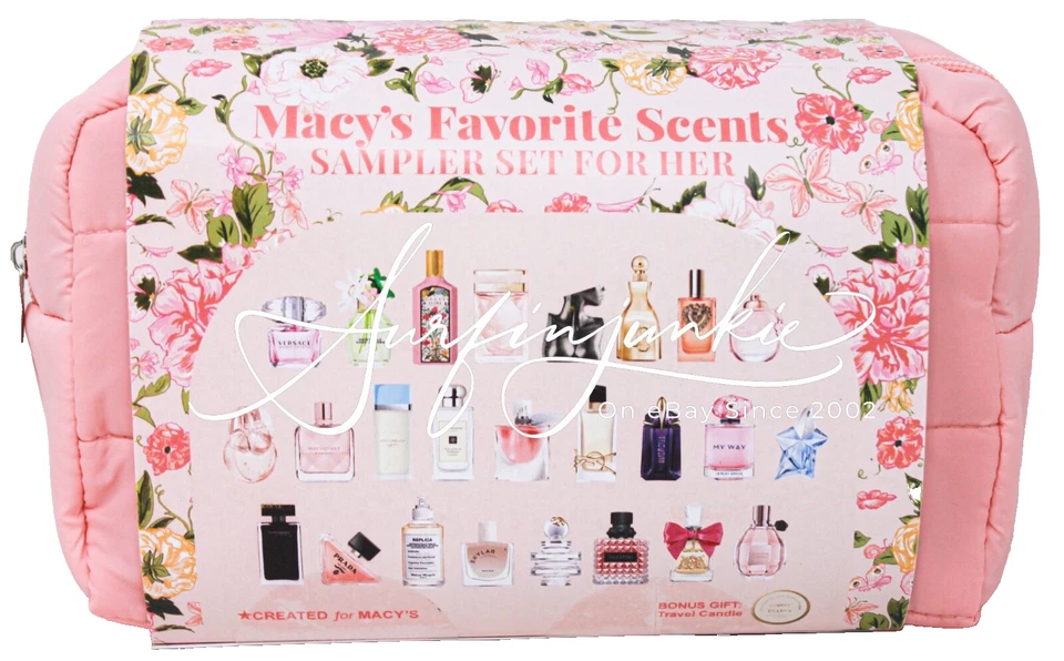 MACY'S Favorite Scents 25 Piece Fragrance Sample Set for HER/Pink Cosmetic Case