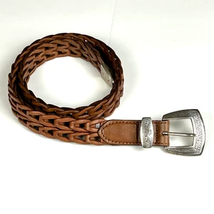 Brighton Womens Chain Braided Leather Belt Size M Brown Chunky Silver Buckle Tip - Picture 1 of 12