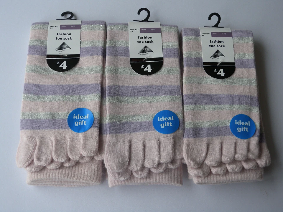 Ladies 3pk Warm Cosy Pink Stripe Toe Socks Christmas Warm Stocking Filler Deal - Image 1 of 1