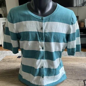 Talbots Blouse Womens Large White Green Button Up Short Sleeve Pima Cotton - Picture 1 of 6