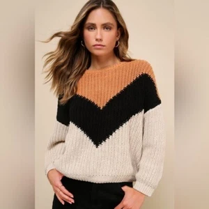 Lulus Autumn Leaves Tan Multi Chevron Stripe Knit Sweater oversized size XS - Picture 1 of 10