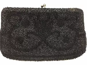 Schwarze Perlen Abendtasche Handtasche mit Tulpe Design Cocktail Abend Party Vintage - Bild 1 von 4