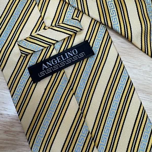 Angelino Cravatte Tie Necktie Handmade in Italy Yellow Stripe Greek Design - Picture 1 of 6