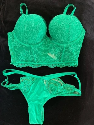NWT Victorias Secret 36C VERY SEXY Green Bombshell Push Up Corset Bra Panty Set - Image 1 of 4