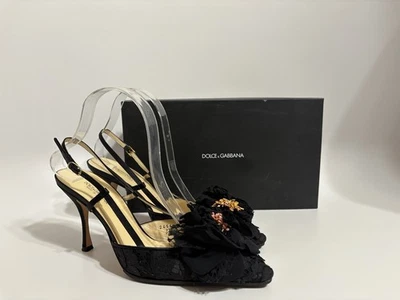 Vtg Dolce & Gabbana Black Lace Slingback Flower Heels 37.5 - Image 1 of 4