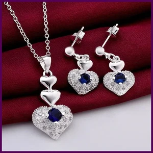 Cute pure 925 Sterling silver wedding jewelry romantic blue zircon crystal heart - Picture 1 of 28