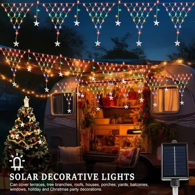 Solar LED Fairy String Net Lights Curtain Mesh Christmas Party Outdoor Garden UK - Image 1 of 4