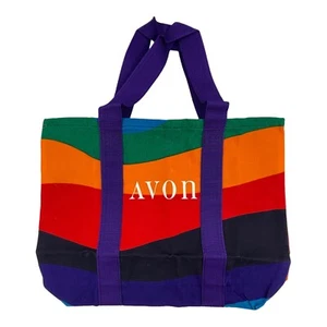 Vintage 80s Color Block Colorful Canvas Tote Bag 17.5 x 13.5 in Rainbow RARE HTF - Picture 1 of 10