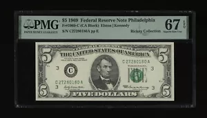 DBR 1969 $5 FRN Philadelphia Fr. 1969-C Superb Gem PMG 67 EPQ Serial C27280180A - Picture 1 of 2