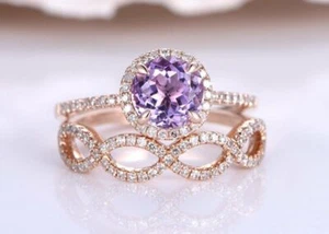 3ct Natural Amethyst Diamond Halo Bridal Set Engagement Ring 14k SOLID Rose Gold - Picture 1 of 12