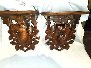 ANTIQUE GIANT BLACK FOREST DEER WOOD CARVED SHELVES MATCHED PAIR SET - Picture 1 of 6