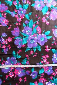 1 yd x 54" Poly/Rayon? Fabric Black with Flowers in Purples & Bright Pink
