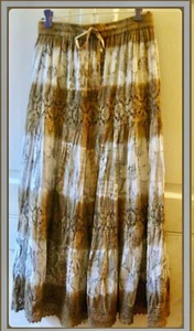 BOHO--CHIC Lace 'n Tiers Block Print Skirt~Pure Cotton Wh/Tan/Gray India NWOT~Sm - Picture 1 of 7