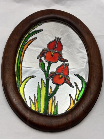 Vtg Stained Glass Mirror Wall Decor Tulip Flower Solid Wood Frame 1970s Retro Cover