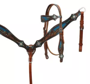 Western Saddle Horse Bling! Turquoise Leather Tack Set Bridle + Breast Collar - Picture 1 of 4