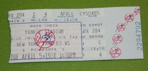 New York Yankees Ticket Stub | April 5 1988 | Rickey Henderson HR Cover