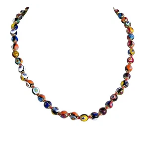 Venetian Murano Millefiori Hand Knotted Gold Capped Glass Bead Necklace 18" Vtg - Picture 1 of 14