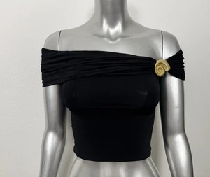Meshki Seashell Crop Top Women’s XS Black Gold Statement Off Shoulder - Picture 1 of 9