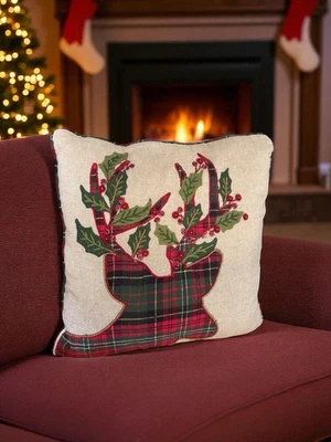 Reindeer Throw Pillow Pier 1 Metallic Beaded Embroidered Gold Buffalo Plaid 18” - Image 1 of 4