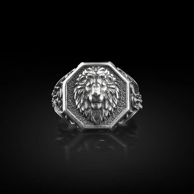 Bague chevalière tête de lion en argent sterling oxydé animal géométrique bij... - Photo 1/4
