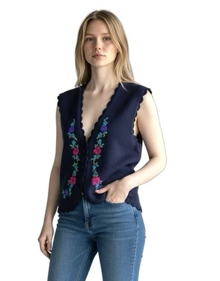 Vintage 90’s Sweater Vest Lambswool Angora Embroidery Cottagecore Granny Core L - Image 1 of 4