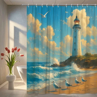 Cortina de ducha Coastal Lighthouse - Decoración de playa para baño Foto 1 de 4