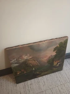 Antique 19th Century Oil On Canvas River Scene Unframed Painting To Restore... - Picture 1 of 6